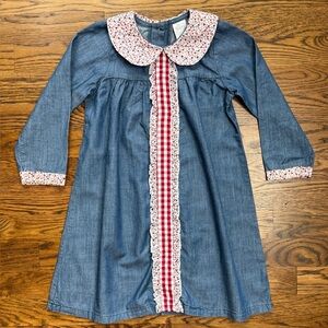 Paty Kids Blue Denim Dress with Ruffle Floral Accents Peter Pan Collar 4T